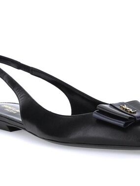 Yves Saint Laurent Anais Black Pointy Slingback Flat with Bow and Gold Logo